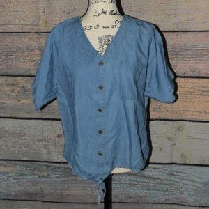 Light Denim Casual Blue Top L XL Country Western Gardening Button-Down Tie